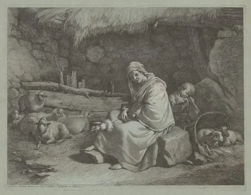 Interior of a Stable with a Seated Spinner and Sleeping Child, by Francesco Londonio