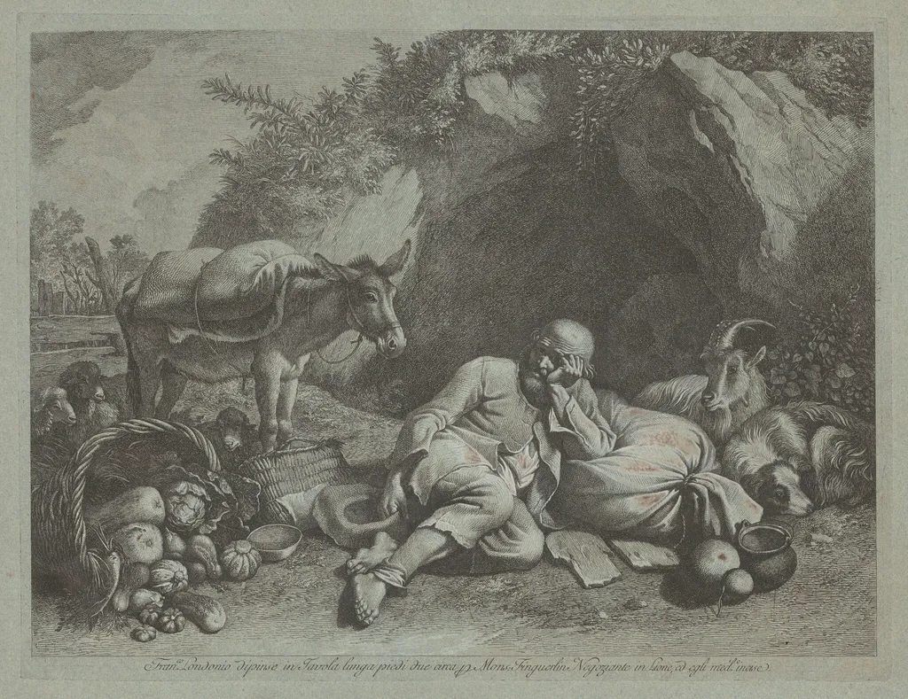 Old Man Leaning against a Sack, by Francesco Londonio, ink, 1767