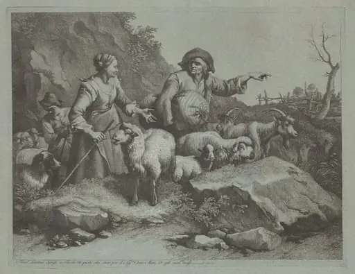 Peasant Man with a Sack and Two Shepherdesses, by Francesco Londonio