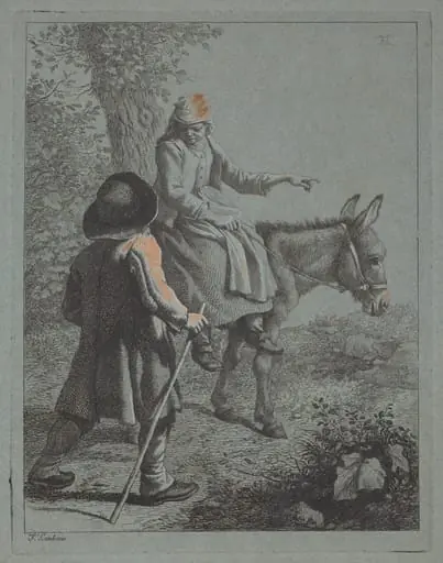 Peasant Woman Seated on a Donkey and a Peasant Man, by Francesco Londonio