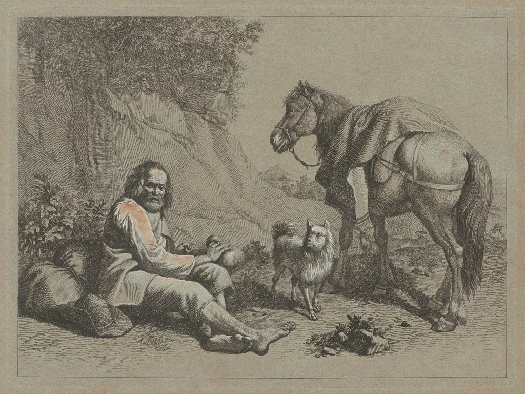 Seated Old Man about to Drink from a Gourd, by Francesco Londonio, ink, 1763