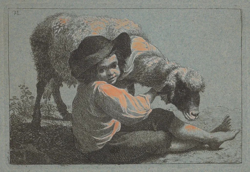 Seated Peasant Boy Holding a Sheep, by Francesco Londonio, ink, 1753