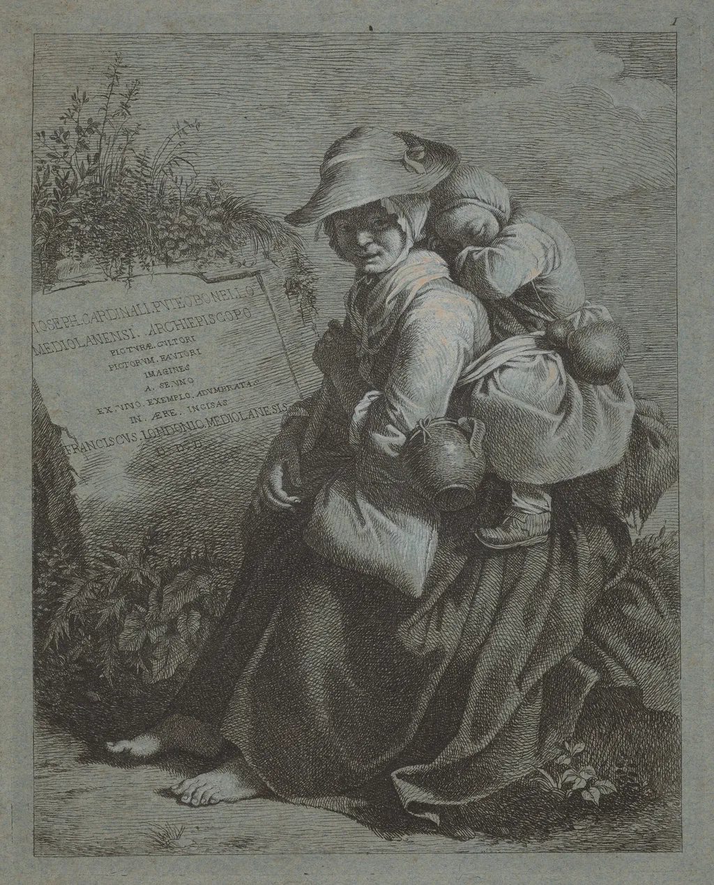 Seated Peasant Woman with Sleeping Child, by Francesco Londonio, ink, 1758