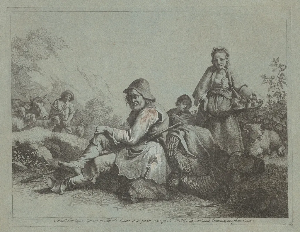 Seated Shepherd and a Peasant Woman with a Basket, by Francesco Londonio, ink, 1770