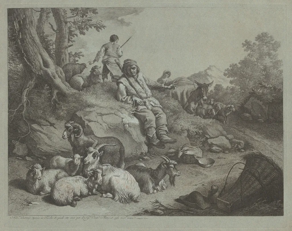 Seated Shepherd before a Flock of Goats, by Francesco Londonio, ink, 1766