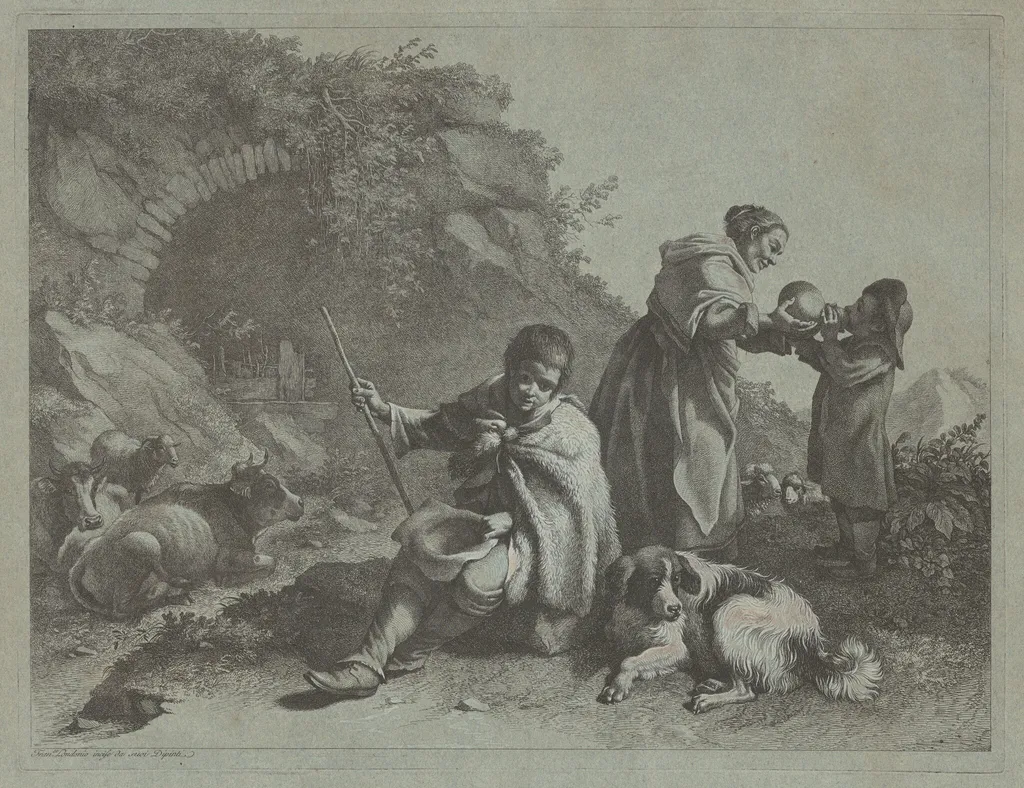 Seated Shepherd Boy and Woman Giving a Drink to a Child, by Francesco Londonio, ink, 1770