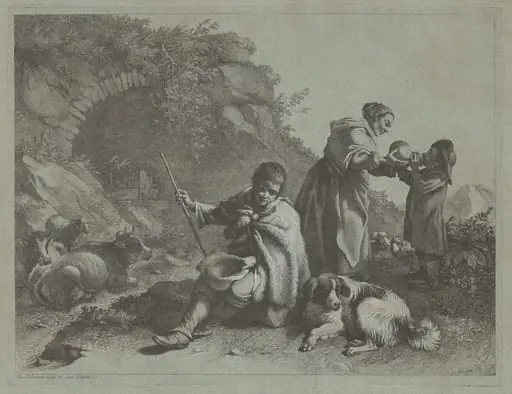 Seated Shepherd Boy and Woman Giving a Drink to a Child, by Francesco Londonio