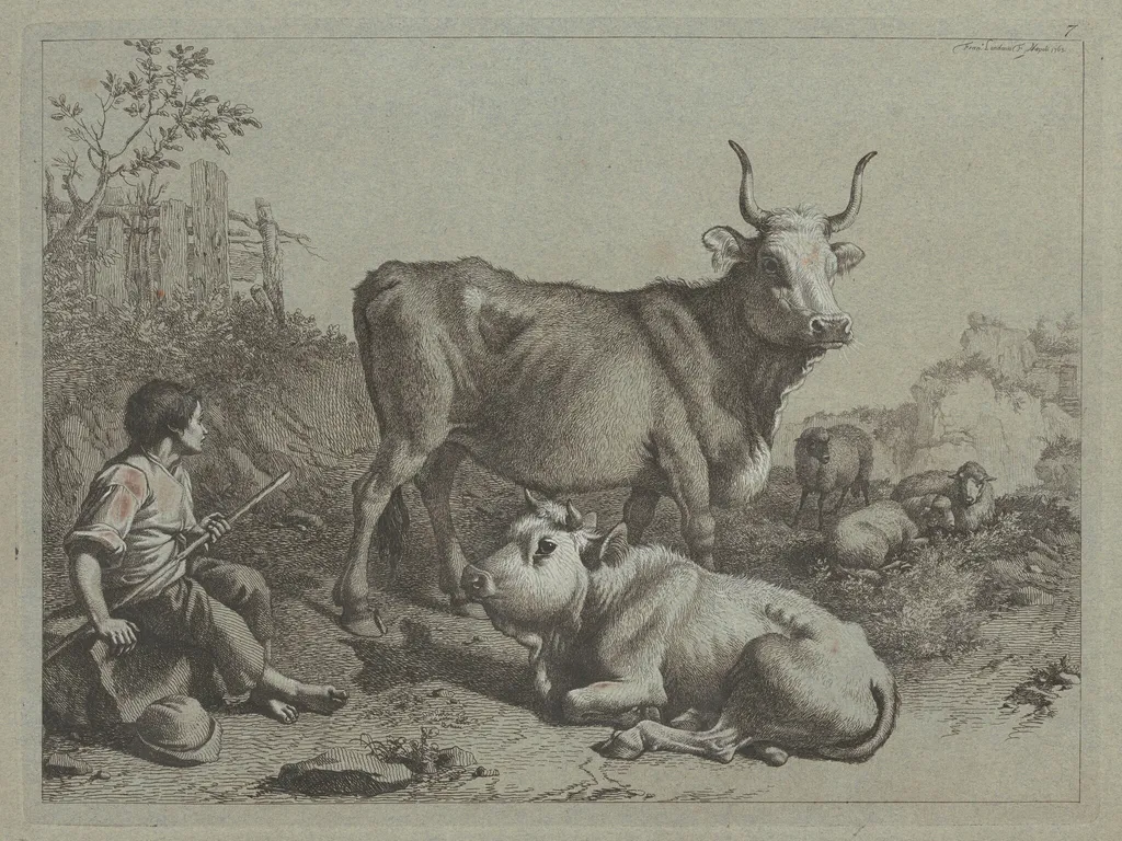 Seated Shepherd with a Bull and Bullock, by Francesco Londonio, ink, 1763