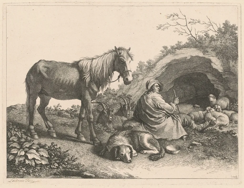 Seated Shepherd with Horse, Dog, Goats and Sheep, by Francesco Londonio, ink, 1776