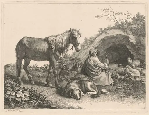 Seated Shepherd with Horse, Dog, Goats and Sheep, by Francesco Londonio