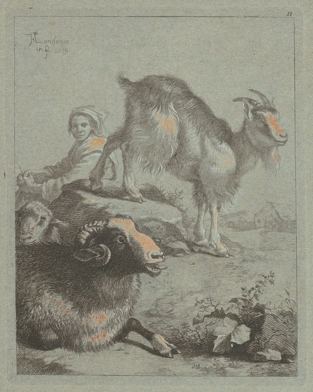 Seated Shepherdess, a Ram, a Sheep and a Goat, by Francesco Londonio, ink, 1759