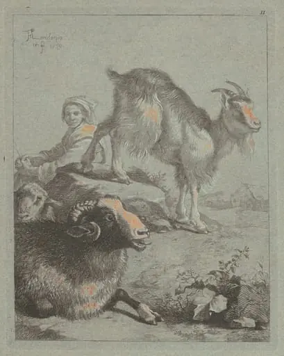 Seated Shepherdess, a Ram, a Sheep and a Goat, by Francesco Londonio