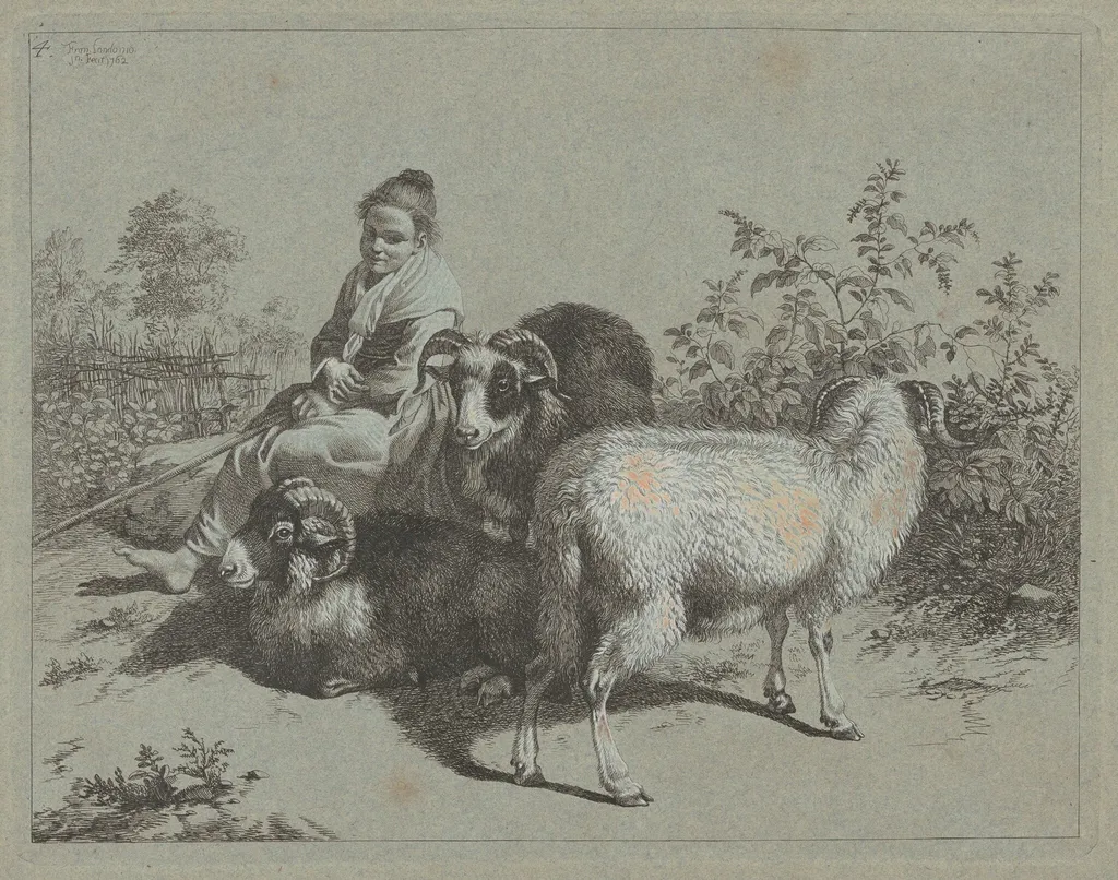 Seated Shepherdess with Three Rams, by Francesco Londonio, ink, 1762