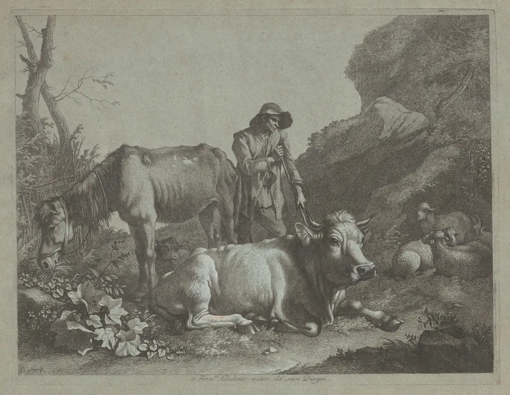 Shepherd Resting on a Walking Stick with an Old Horse and a Reclining Bull, by Francesco Londonio, ink, 1767