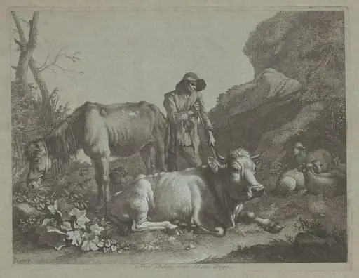 Shepherd Resting on a Walking Stick with an Old Horse and a Reclining Bull, by Francesco Londonio