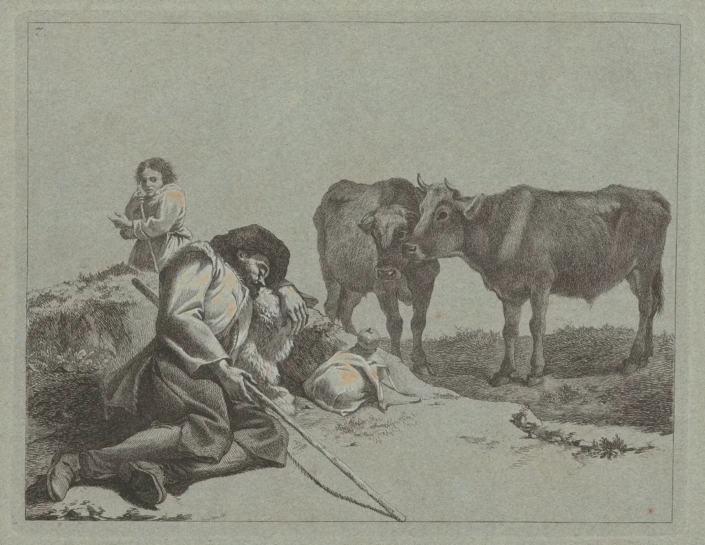 Sleeping Shepherd, Two Calves, and a Peasant Woman, by Francesco Londonio, ink, 1762