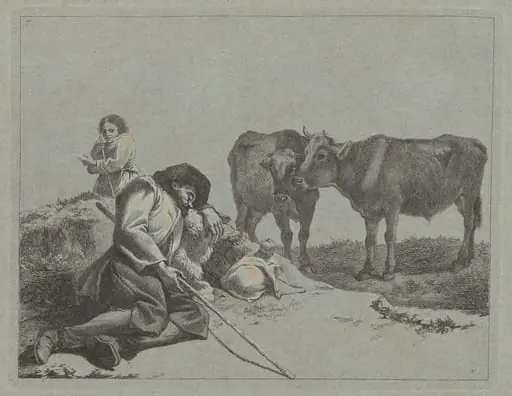 Sleeping Shepherd, Two Calves, and a Peasant Woman, by Francesco Londonio