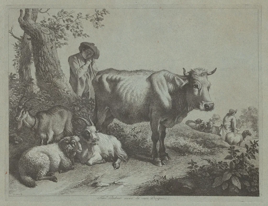 Standing Cow and a Shepherd Boy with Flock, by Francesco Londonio, ink, 1764