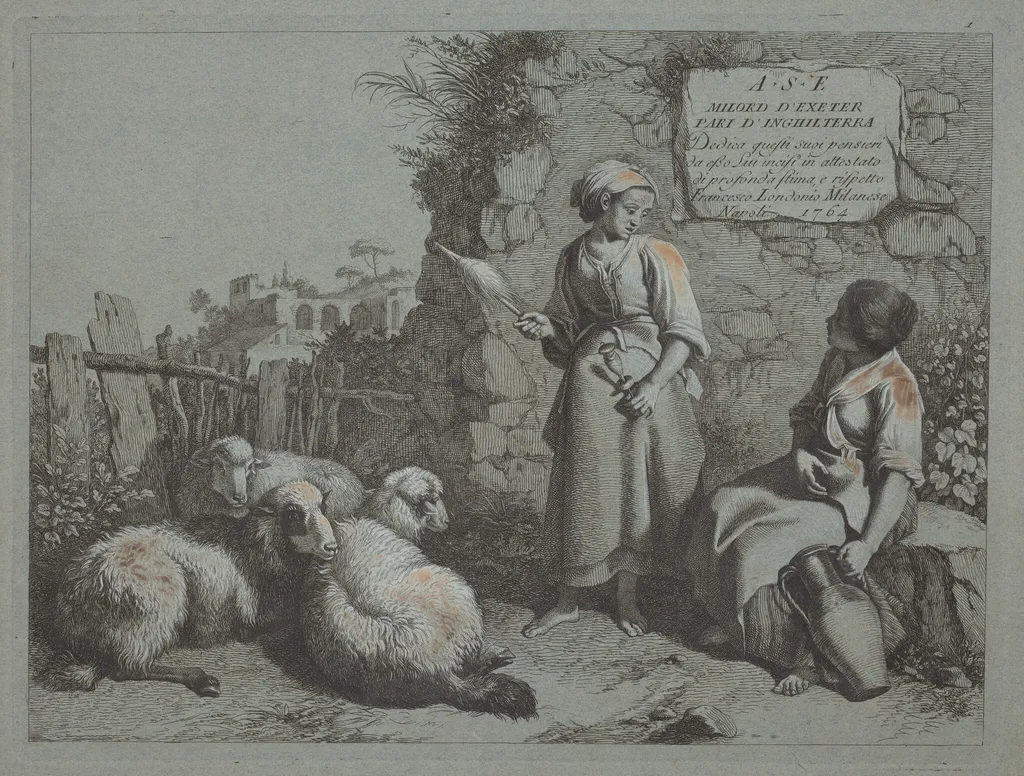 Two Girls Conversing: One Standing and Spinning, by Francesco Londonio, gouache, 1764