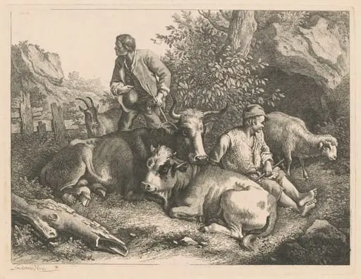 Two Shepherds with a Cow and Calf, by Francesco Londonio