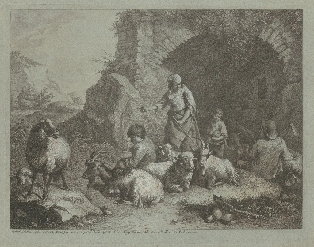 Woman, Shepherd Boys, and Sheep near an Arch, by Francesco Londonio, ink, 1770