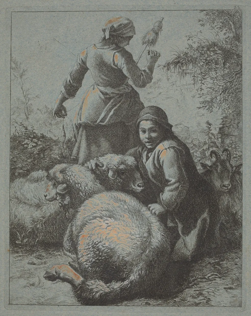 Woman Spinner and a Shepherd with Flock, by Francesco Londonio, gouache, 1758