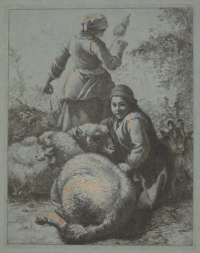 Woman Spinner and a Shepherd with Flock, by Francesco Londonio