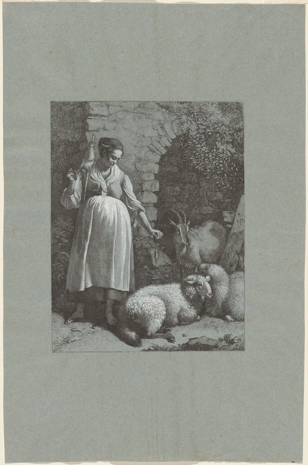 Woman Spinning Yarn by an Arch, by Francesco Londonio, ink, 1764
