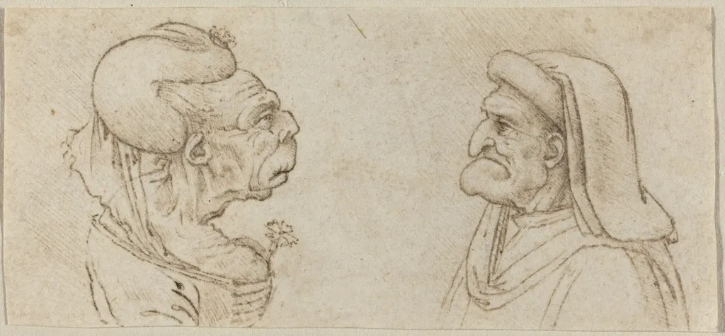 Two Grotesque Heads, by Francesco Melzi, ink, 1514