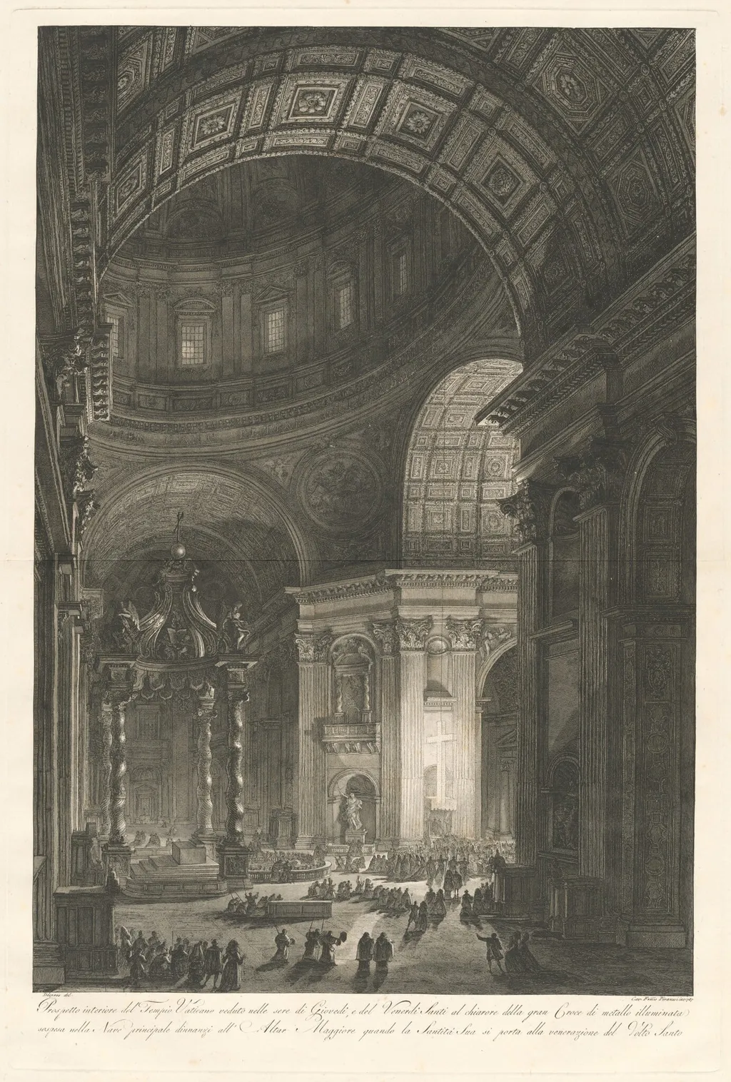 Interior of St. Peter’s, with the Illumination of the Cross of St. Peter, by Francesco Piranesi, ink, 1787