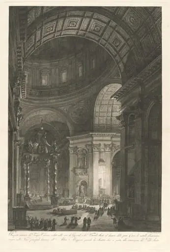 Interior of St. Peter’s, with the Illumination of the Cross of St. Peter, by Francesco Piranesi