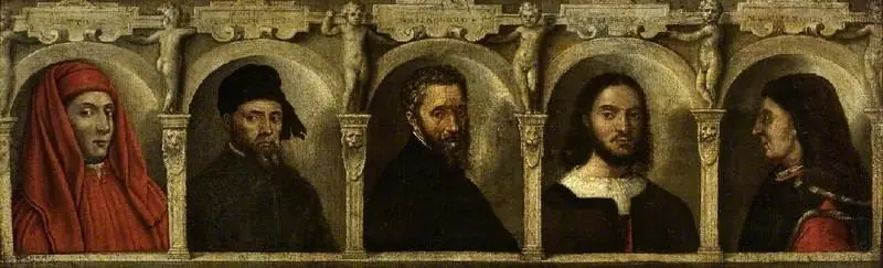 Portraits of five artists, Giotto, Donatello, Michelangelo, Raphael and Brunelleschi, by Francesco Salviati