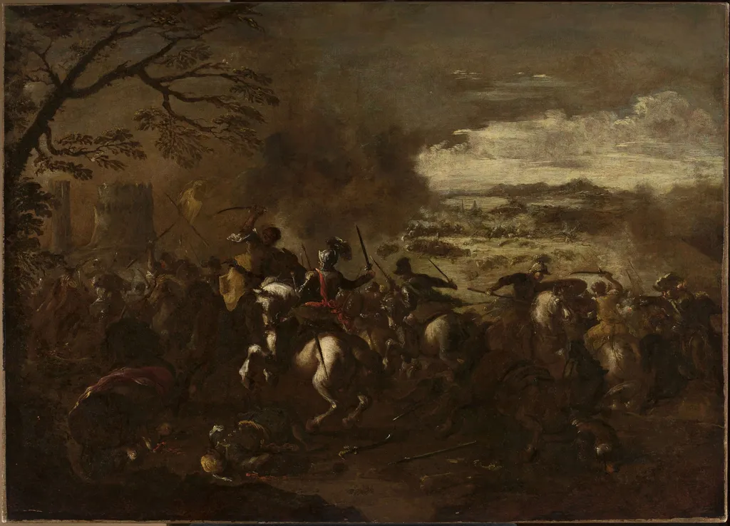 A battle scene, by Francesco Simonini, oil, 1729