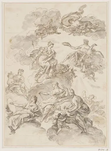 Minerva commending the arts of sculpture, architecture, painting and music to Jupiter, by Francesco Solimena