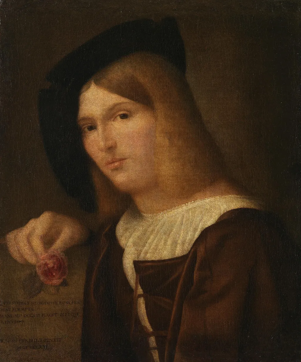 Portrait of a young man with a rose in his hand, by Francesco Torbido, oil, 1522
