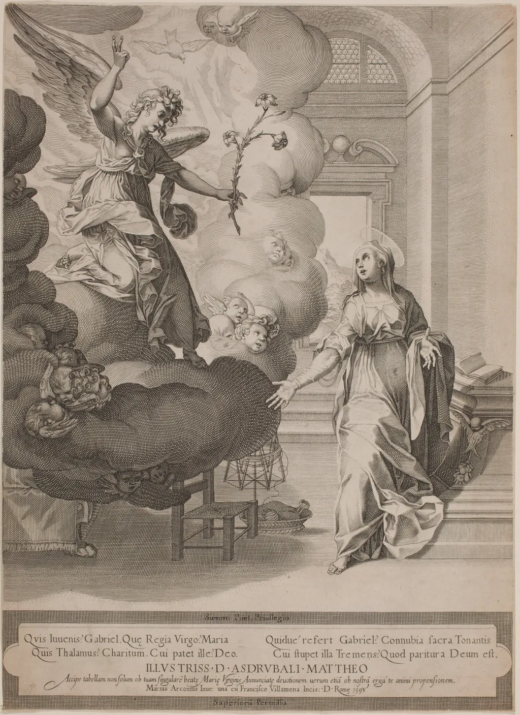 The Annunciation, by Francesco Villamena, ink, 1598