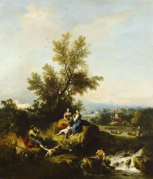 Italianate wooded river landscape with a piping shepherd, two women and a child, by Francesco Zuccarelli, oil, 1752
