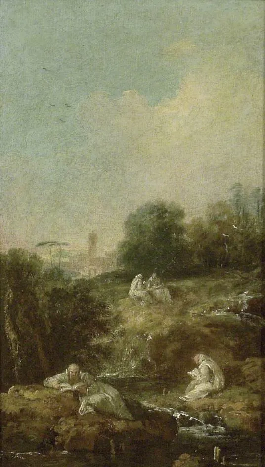 Landscape with Monks Reading, by Francesco Zuccarelli, oil, 1737