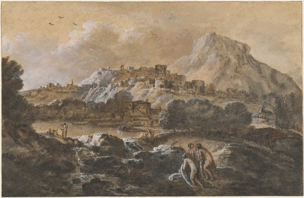 Mountainous River Landscape with Bathers, by Francesco Zuccarelli, ink, 1761