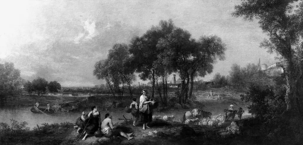 Wooded river landscape with shepherds, by Francesco Zuccarelli