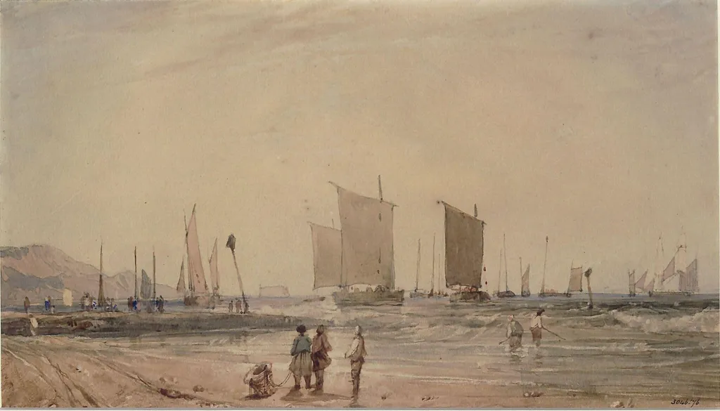 French coast, with fishing boats, by Francia, watercolor, 1825