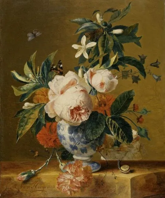 A Vase of Flowers, by Francina Margaretha van Huysum, oil, 1729