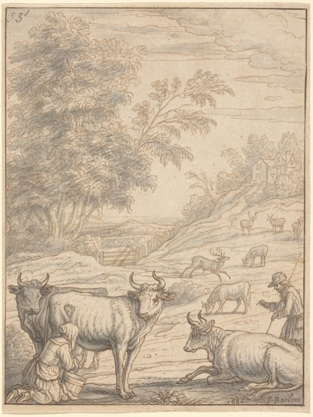 A Meadow with Cattle and Deer, by Francis Barlow, ink, 1684