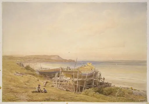 Coast scene with a ship on the stocks, by Francis Danby