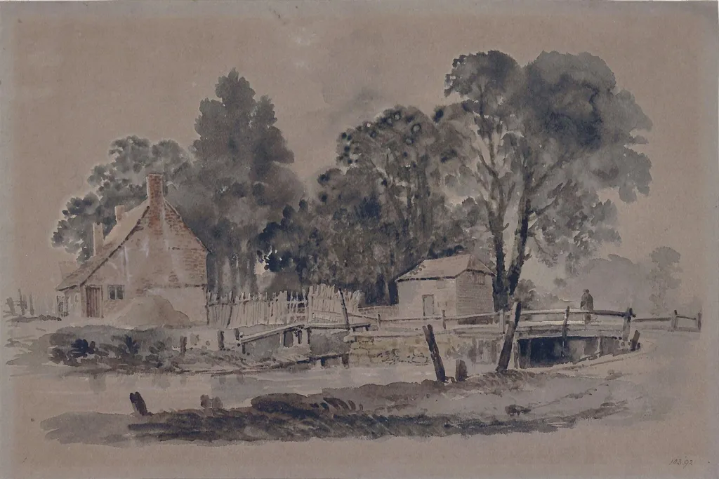 Stream with bridge and cottages, by Francis Danby, watercolor, 1820