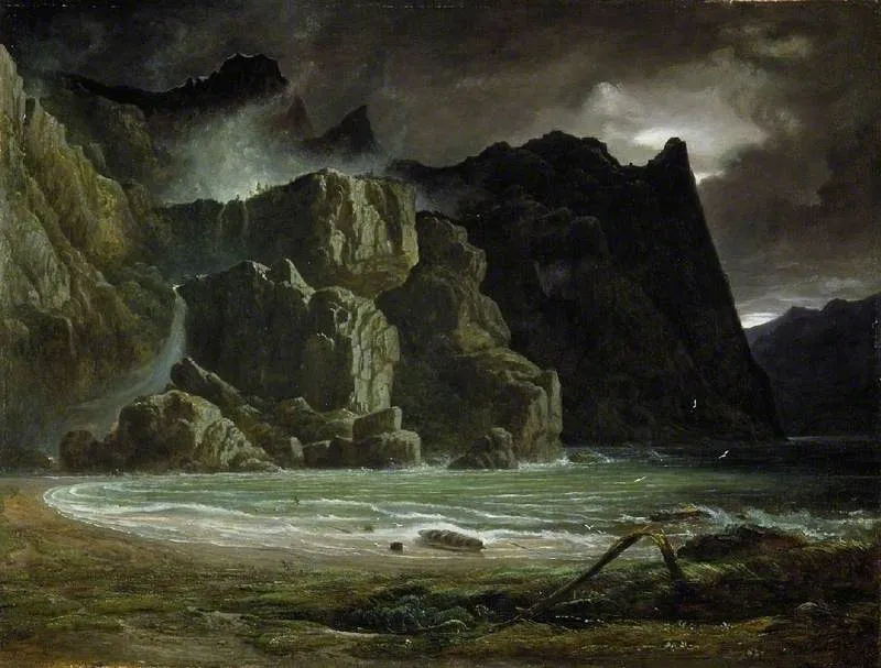 View of a Norwegian Lake Before the Sun has Dissipated the Early Morning Mist, by Francis Danby, oil, 1833