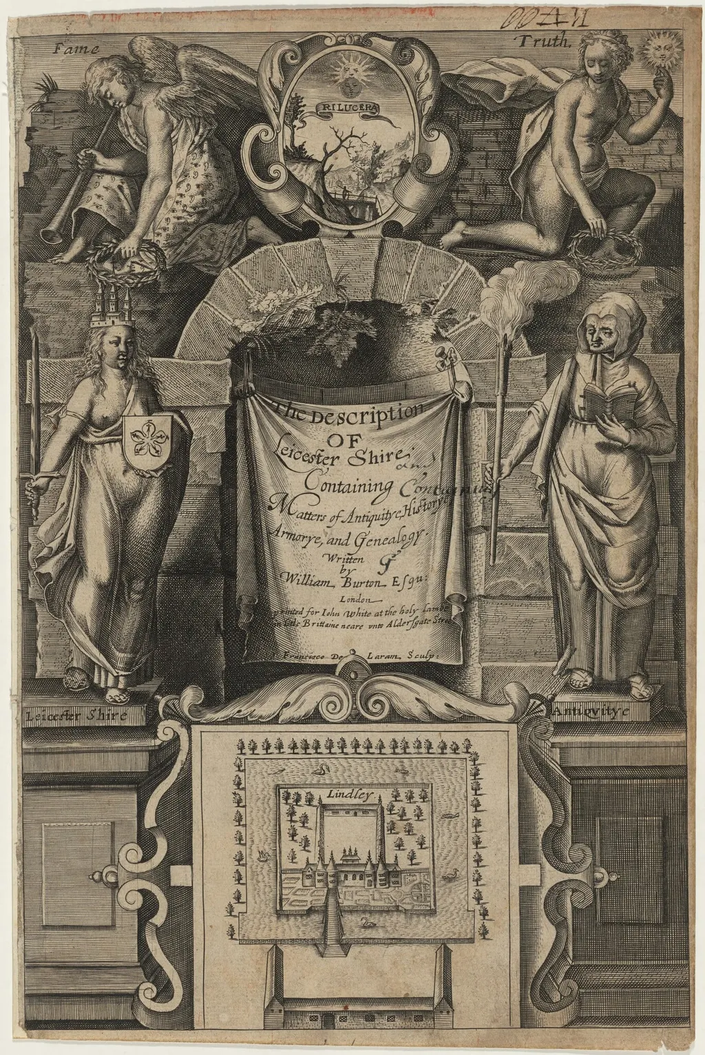 Frontispiece to William Burton, Description of Leicestershire, by Francis Delaram, ink, 1622