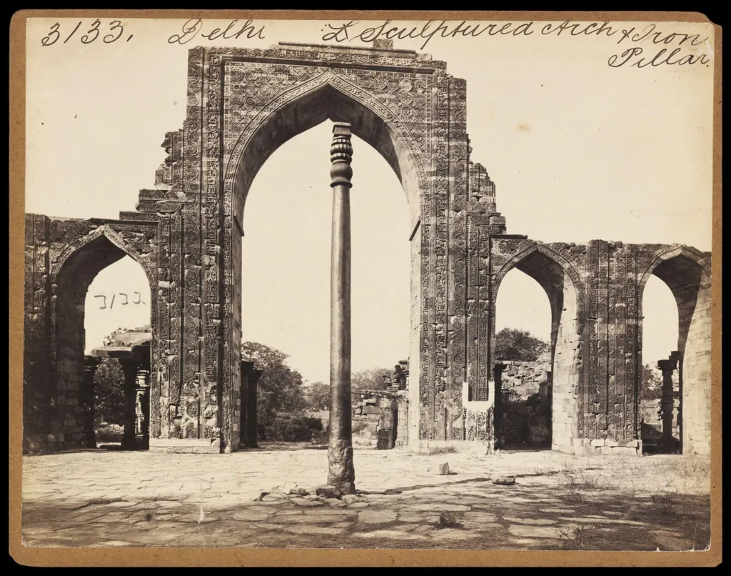 Delhi. Sculptured Arch & Iron Pillar, by Francis Frith, photographic, 1850