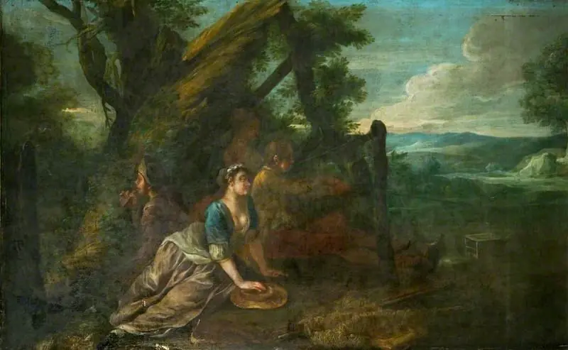 Bird-Catching by a Decoy with a Whistle and a Net (decorative painting for a supper-box at Vauxhall Gardens, London), by Francis Hayman