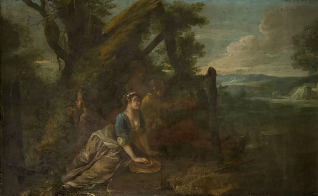 Bird-Catching by a Decoy with a Whistle and Net (Decorative painting for a supper-box at Vauxhall Gardens, London), by Francis Hayman, oil, 1741